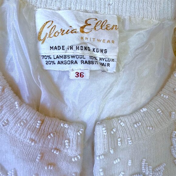 Vintage Gloria Ellen White Beaded Cardigan Lambswool Angora Made in Hong Kong 36 - Picture 3 of 5